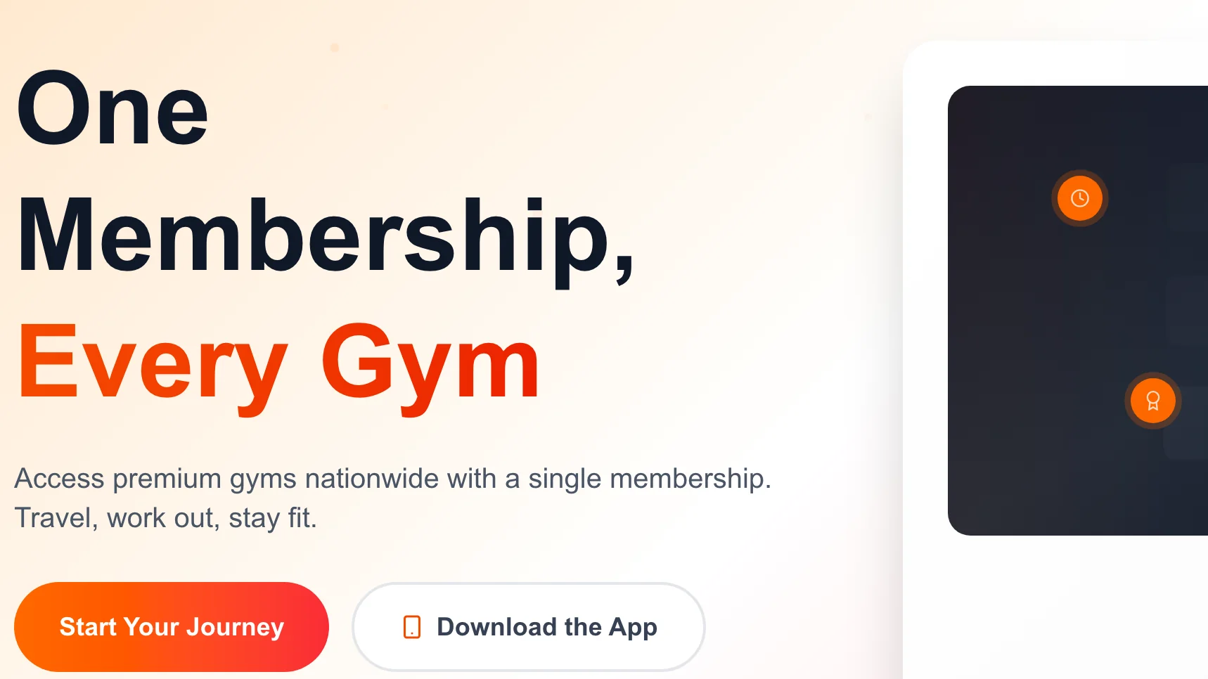 Tizi+ website: “One Membership, Every Gym”, with buttons to start a membership or download the app, beside the premium gym network panel